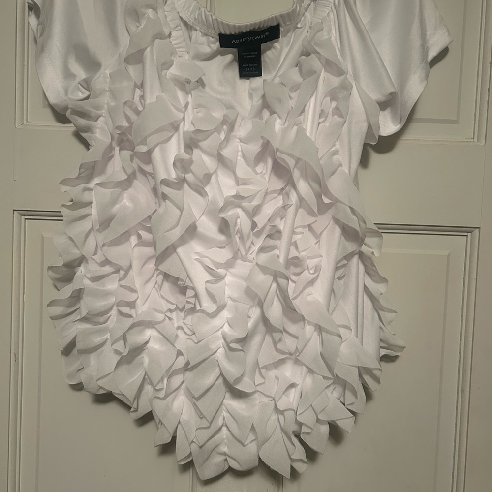 Ashley Stewart White Ruffled Short Sleeve Top